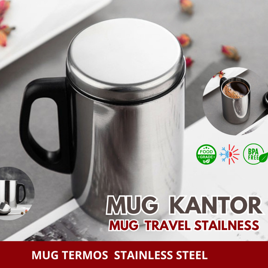 GELAS MUG CANGKIR TAHAN PANAS STAINLESS STEEL 500ML DENGAN TUTUP AIR PANAS DINGIN MINUM KOPI my