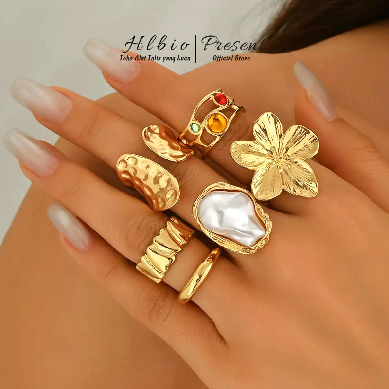 Hibio Present Set Cincin Titanium Wanita Cincin Batu Permata Cincin Terbuka Mutiara Batu Permata Boh