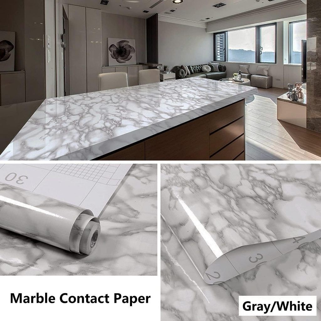 WALLPAPER DINDING RUANG//WALLPAPER STICKER MOTIF MARMER/MARBLE PUTIH ABU