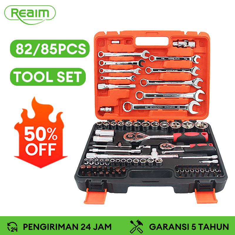 REAIM Kunci Set Lengkap 82 PCS Tool Kit Alat Kunci Pas Soket Set Alat Mobil Alat Kunci Pas Torsi Set