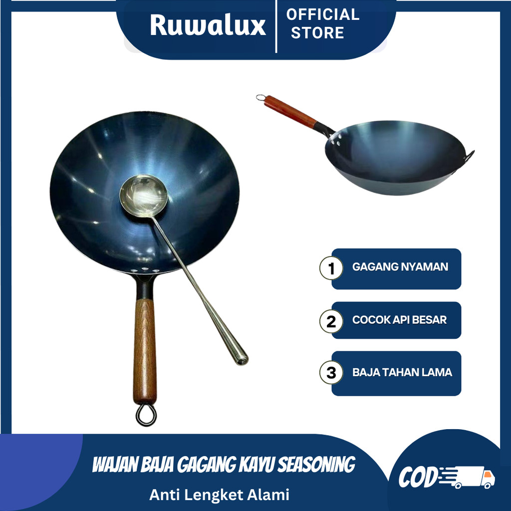 Ruwalux Wajan Baja gagang Seasoning Kuali gagang kayu Nasi Wok Kitchenware