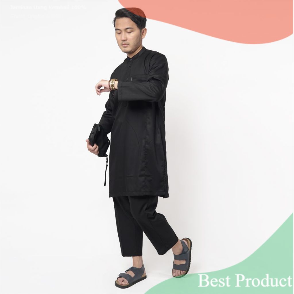KHOIRUMMAH Koko Kurta Set Khaidar Polos | Baju Kurta Pakistan Setelan Celana - Black- pakaian pria l