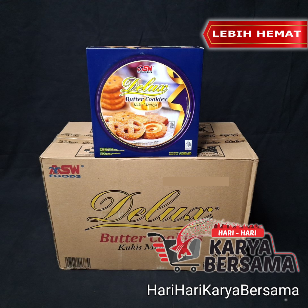 MAKANAN RINGAN BISKUIT KALENG LEBARAN ASW FOODS DELUX BUTTER COOKIES PER KARTON ISI 6'S X 350GR