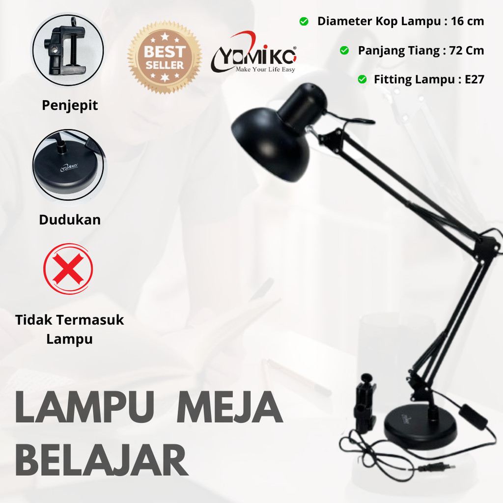 LAMPU MEJA YM818 E27 HITAM YOMIKO / LAMPU BELAJAR ESTETIK DUDUK JEPIT / LAMPU BELAJAR ARSITEK