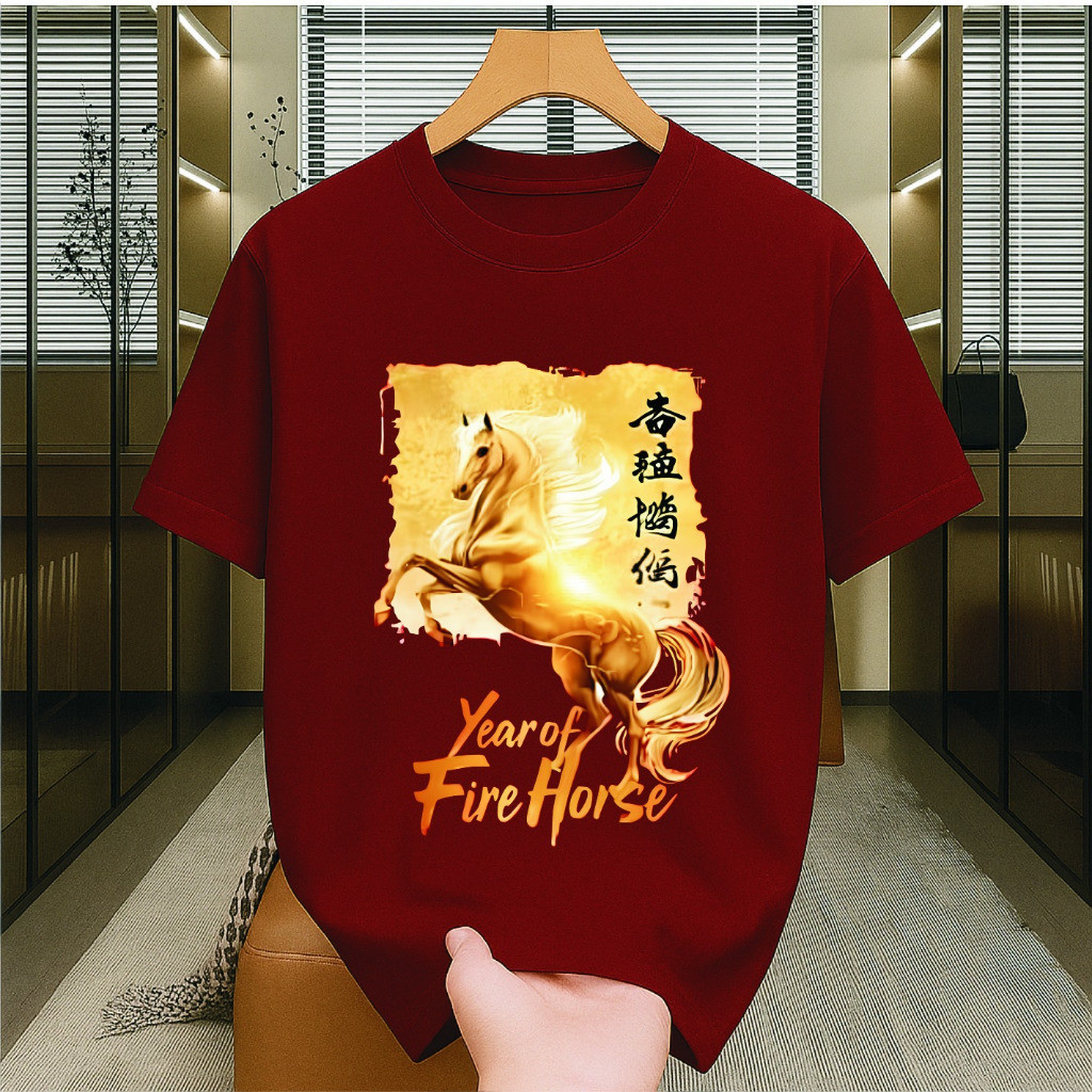 Kaos Wanita Pria Imlek Kuda Api 2026 Crew Neck Kaos Imlek Merah Kaos Pria Dan Wanita Kaos Merah Imle