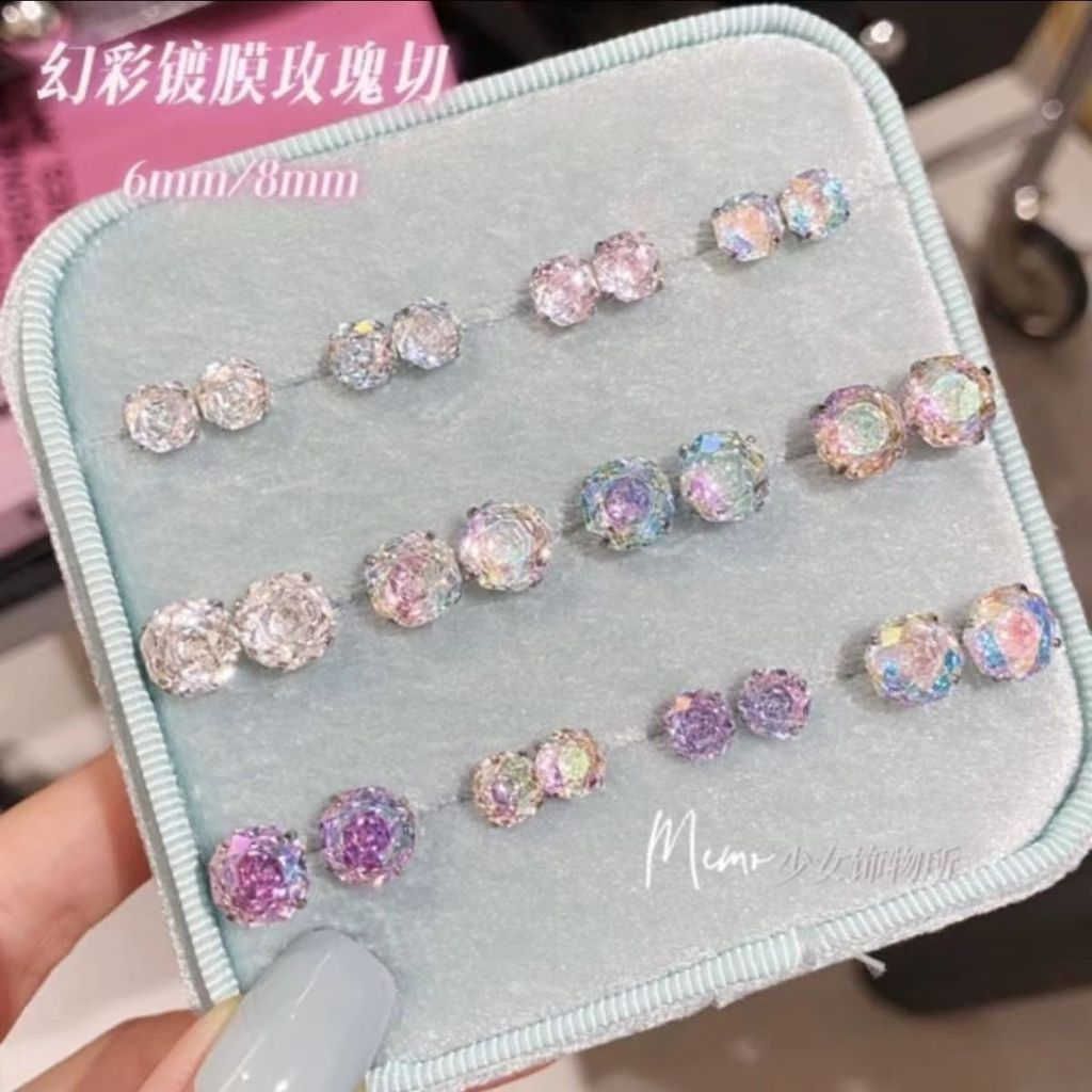 Anting zirkon sintetis baja titanium, potongan mawar berlapis putri duyung Ji, kuku tulang telinga s