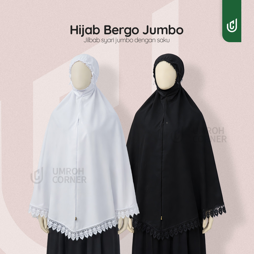 Jilbab Bergo Jumbo Haji Umroh - Hijab Khimar Kerudung Syari Jumbo Hitam Putih Umrah