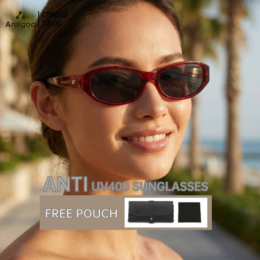 AMIGOA Kacamata Hitam Premium Bingkai Oval Merah Sunglasses Anti UV400 Bingkai TR90 Kuat & Nyaman Di