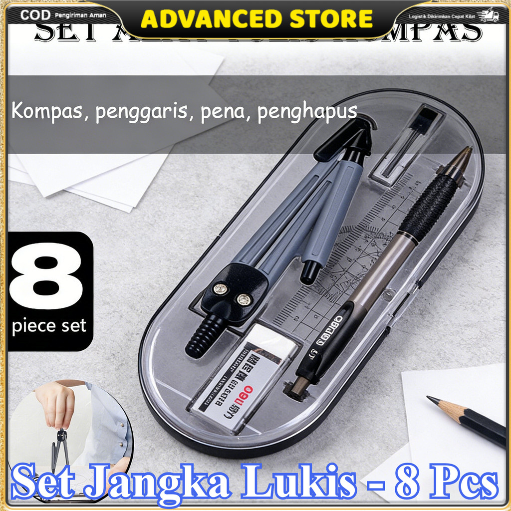 8-Piece Set Alat Tulis Gambar Siswa – Set Penggaris, Kompas, Alat Ukur, Perlengkapan Ujian, Kit Mate