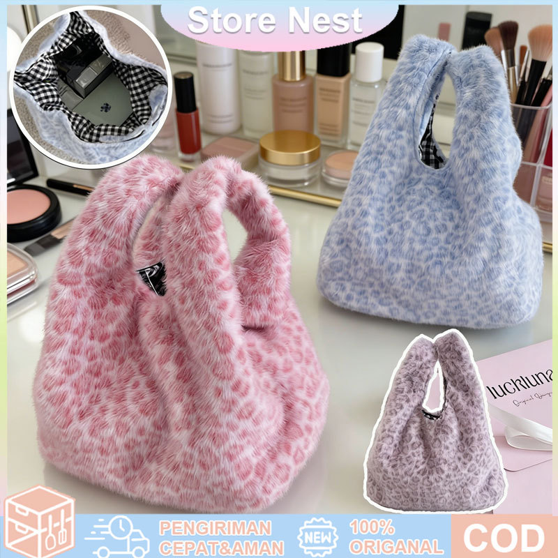 Tas Tangan Motif Macan Tutul Tas Jinjing Berbulu Kapasitas Besar Tas Bahu Bulu Jinjing Fashion Cewek