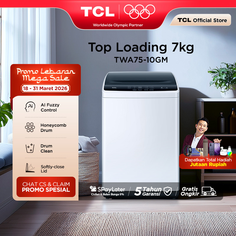 TCL Mesin Cuci 1 Tabung - Top Loading 7 KG - Honeycomb Crystal Drum - Auto Cleaning - Eight Wash Pro