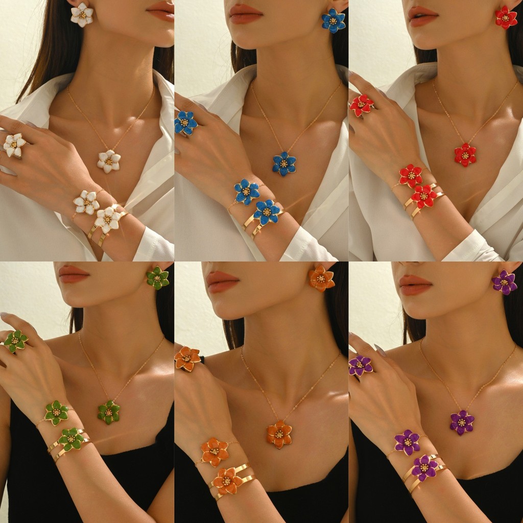 Perdagangan luar negeri Guochao temperamen elegan warna menetes anting pejantan bunga kalung set ret