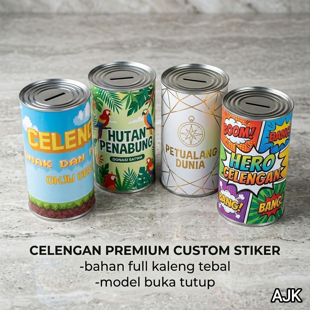 CELENGAN JUMBO CUSTOM STIKER BAHAN FULL KALENG - CELENGAN FULL KALENG JUMBO BUKA TUTUP - CELENGAN VI