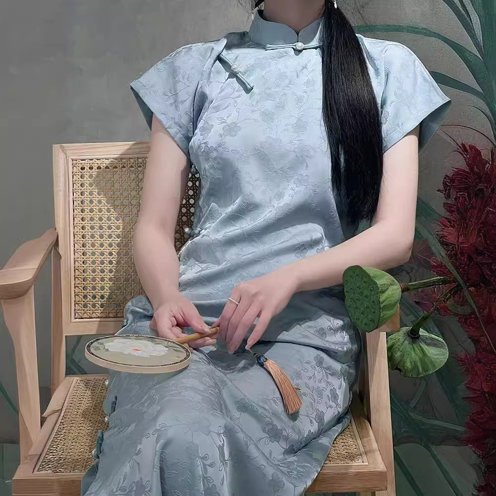 Gaun cheongsam biru bergaya vintage baru untuk wanita