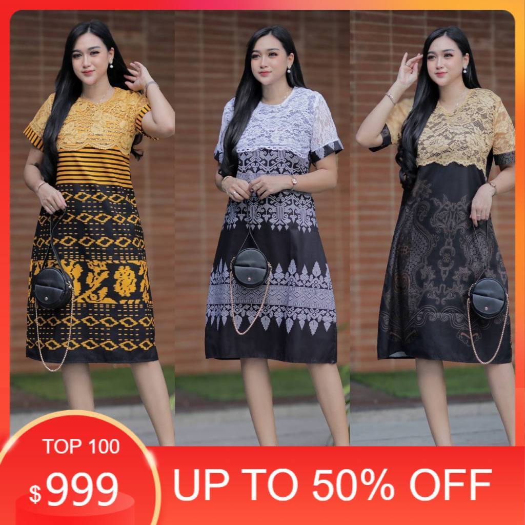 MEGA SALE KEISHAN.ID - Dress Batik Wanita Lengan Pendek Katun Kombinasi Brokat Casual Kekinian untuk