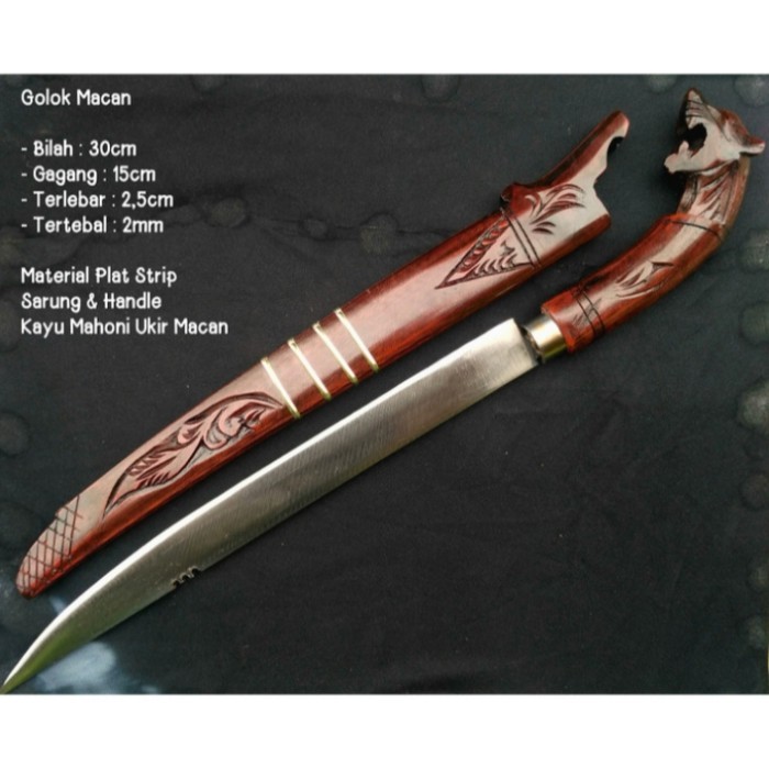 golok sembelih  gagang macan 30cm ukiran kepala macan warna merah