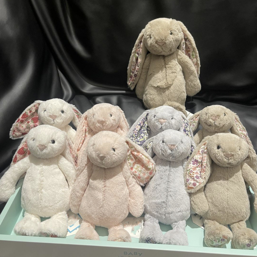 JC white and pink bunny floral ear plush, creative soothing toy, cute bunny plush doll
