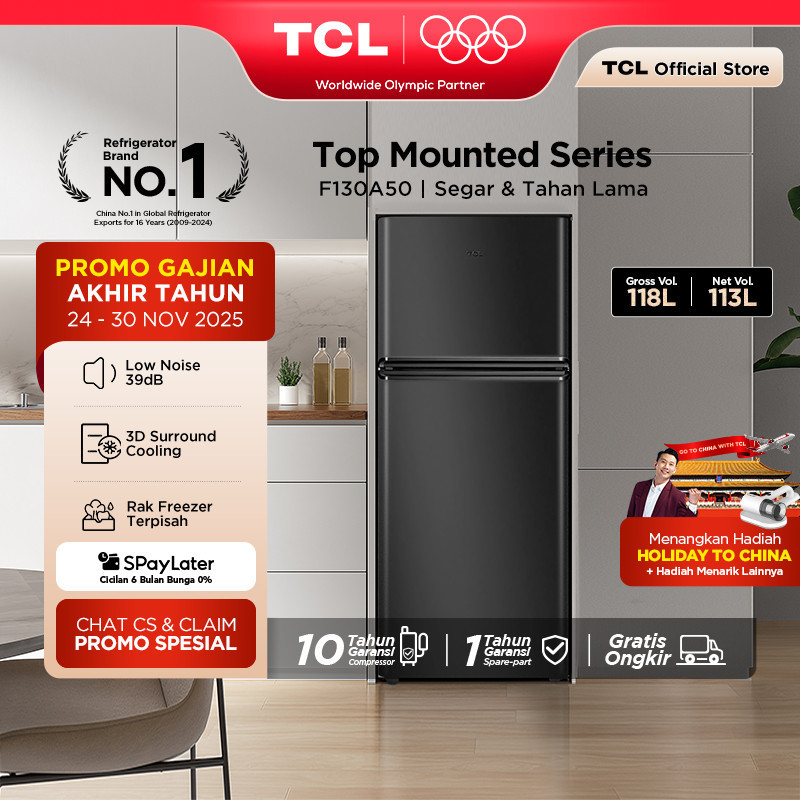 SS TCL Kulkas 2 Pintu (F130-A50) - Kapasitas 118L - Rak Freezer Terpisah - 3D Surround Cooling - Adj
