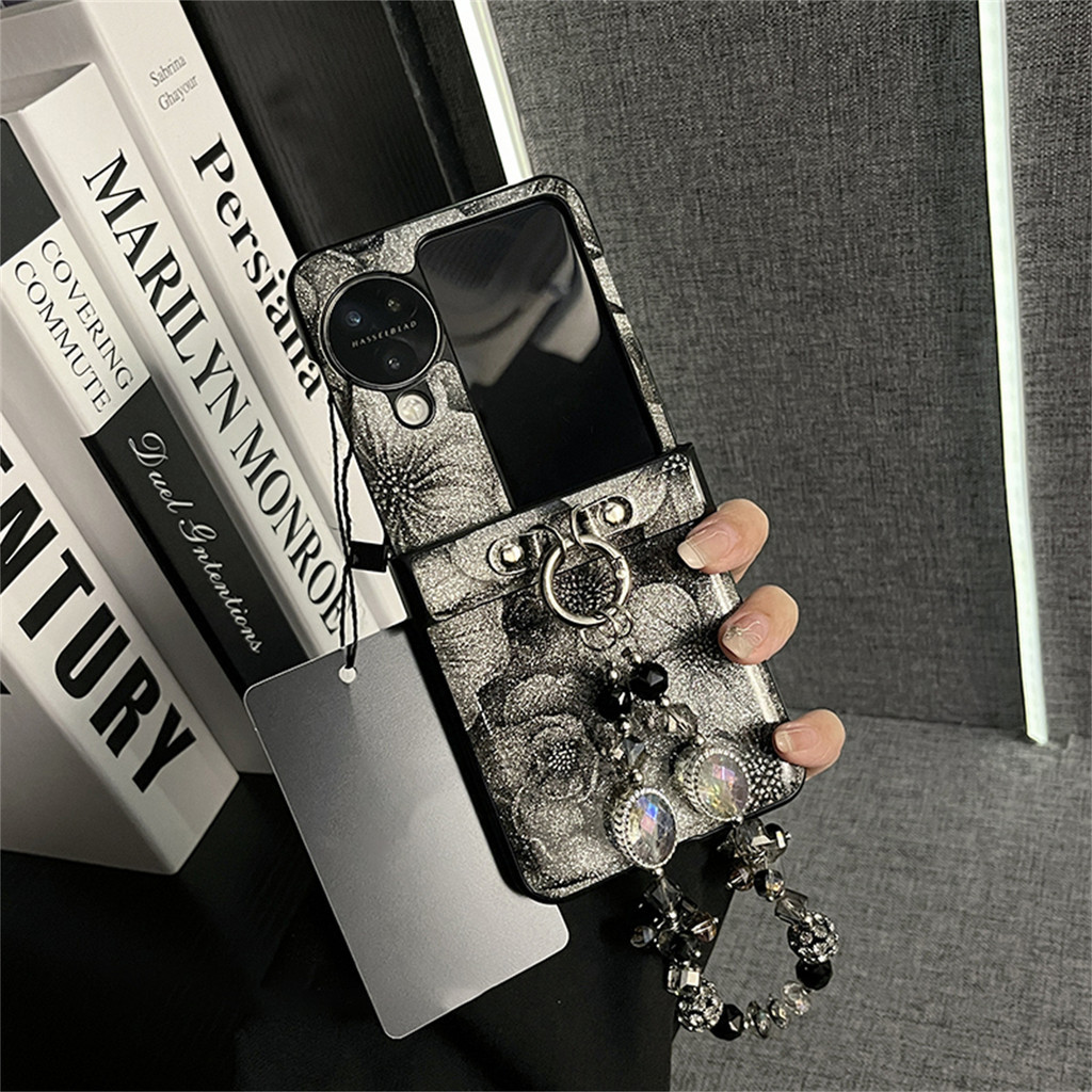 LUSHUO Mewah Klasik Korea Glitter Kasus Bunga Mawar Hitam dengan Rantai Gelang Kristal untuk OPPO Te