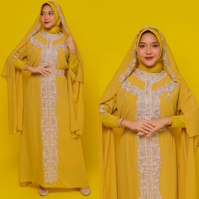 PROMO LEBARAN AYJONA - KAFTAN AMBERLEE BORDIR FULL COLOUR - SET INNER GAMIS PASHMINA DAN BELT - KAFT