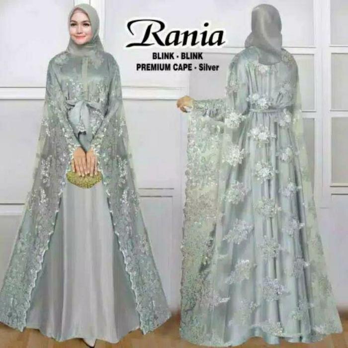 GAMIS PESTA MEWAH LONG CAPE BROKAT WARNA SILVER FIT LD 116 - SILVER