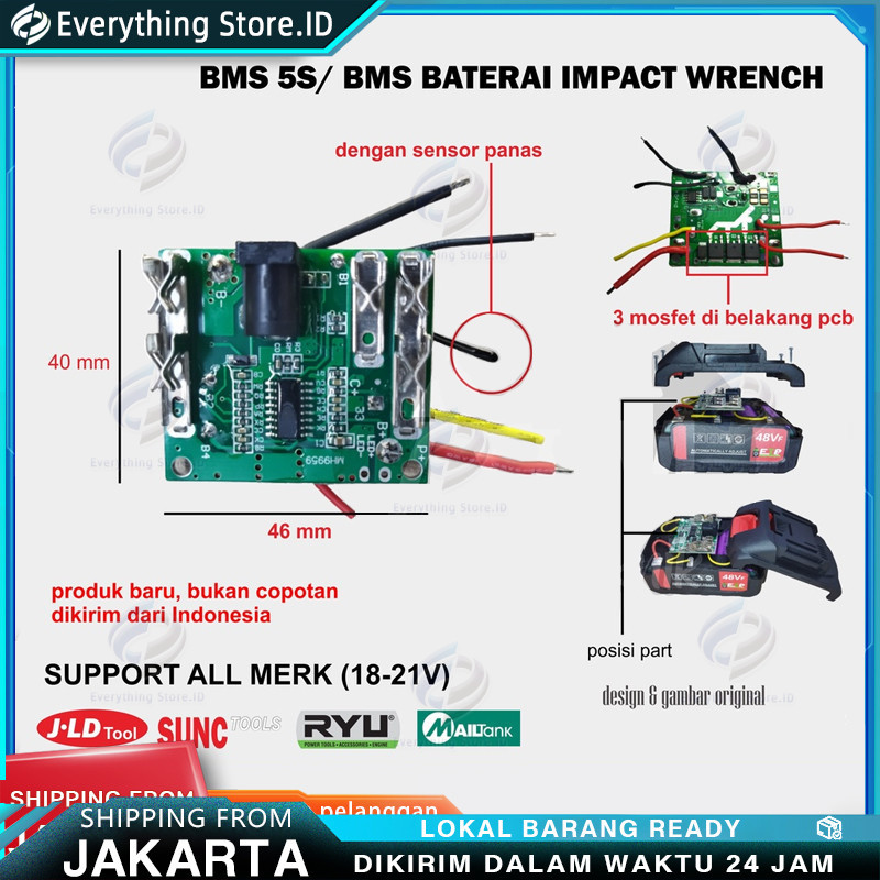 BMS baterai impact wrench 5S papan modul kontrol batrai 18V 20V 21V BMS Board controller dengan sens