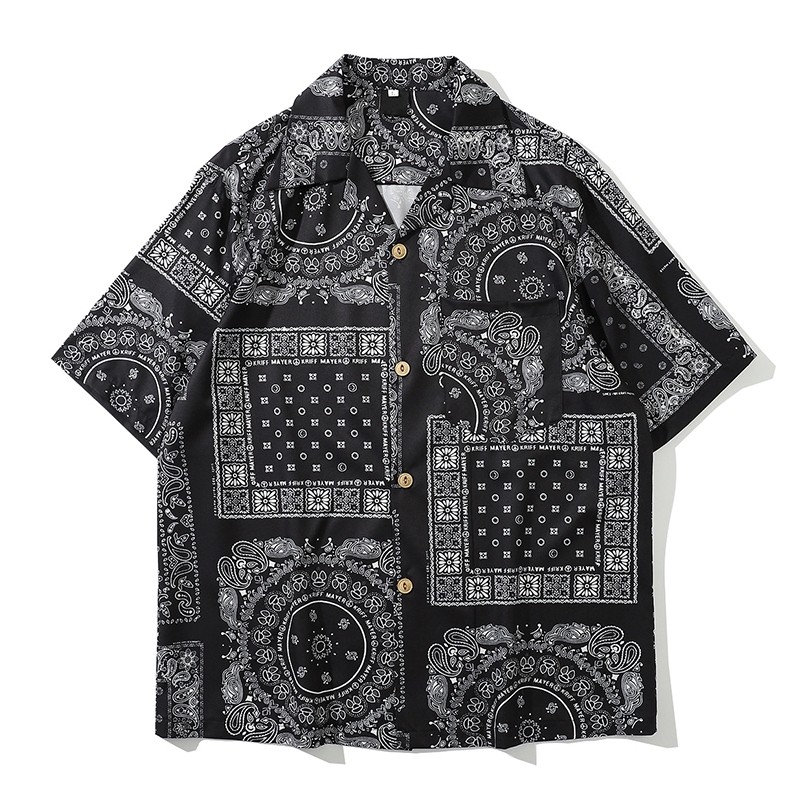 KEKERUN Dark Icon Kemeja Bandana Pria Shirt Short Sleeve Vintage Motif Print Shirt Summer Paisley Ha