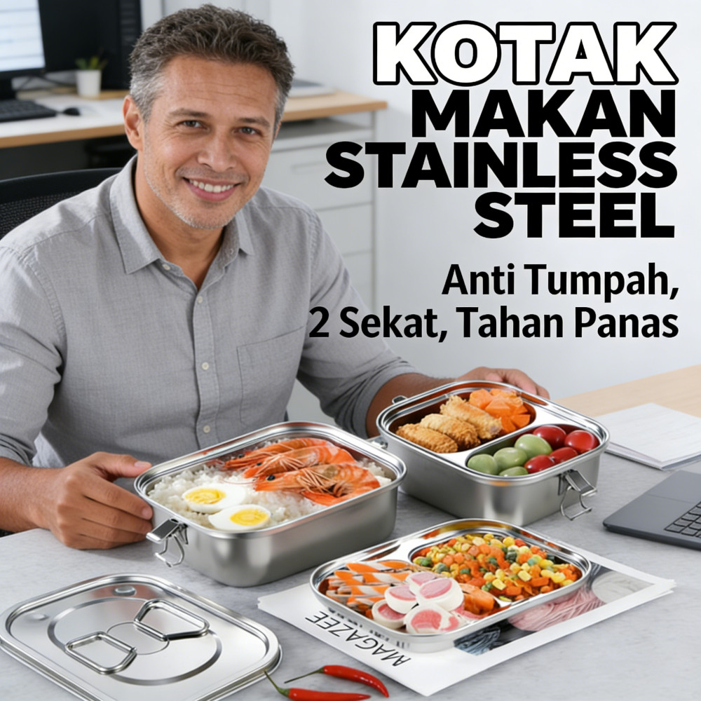 Sekat Kotak Makan Tempat Anti Makan Makan Tumpah Tempat 2 Tingkat Stainless Tempat