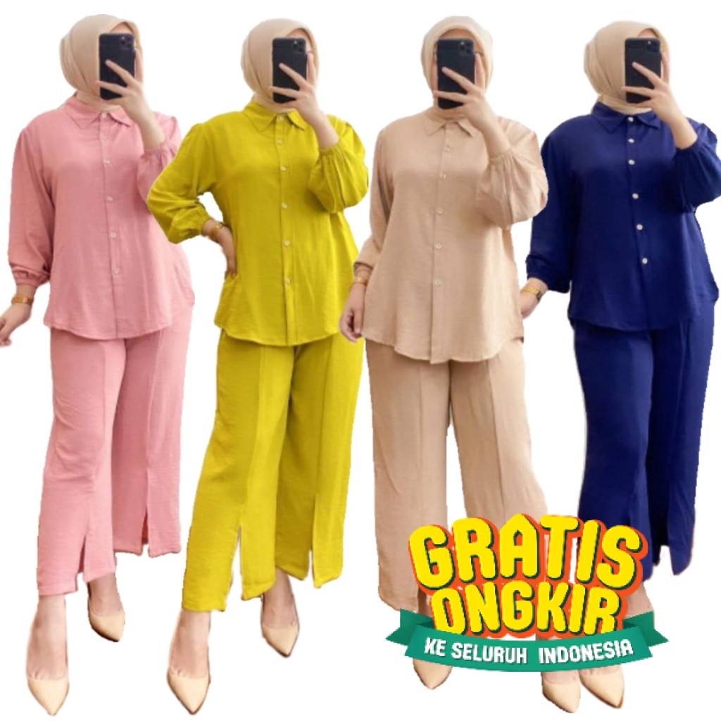 Setelan Polos Cringkle Airflow Premium - One Set Moza Blouse Dan Kulot Kekinan- pakaian wanita lainn