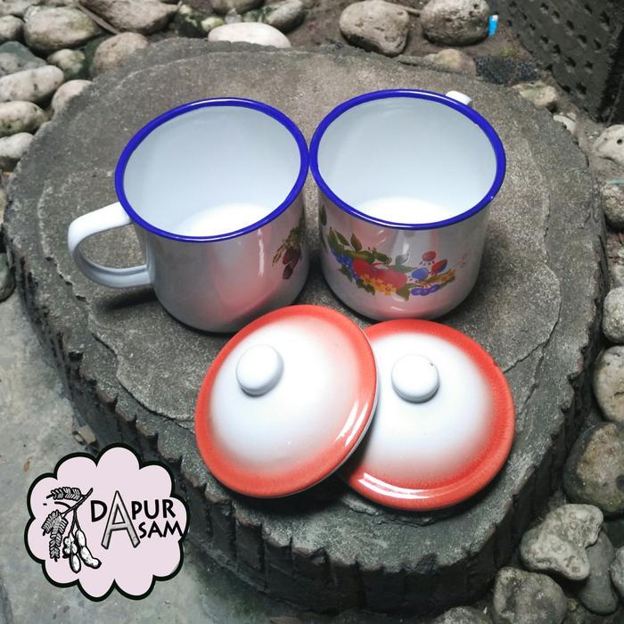 (Lusinan) Gelas Enamel 9cm,10cm  Enamel Mug Jadul pakai tutup Vintage - 9cm, Bunga