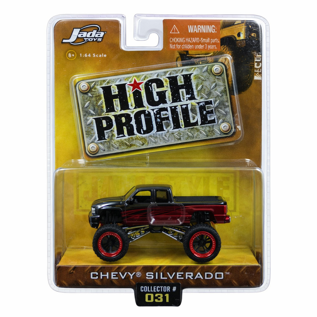 Jada Toys High Profile 1:64 Chevy Silverado Black Red Collector #031 Lifted Truck Diecast