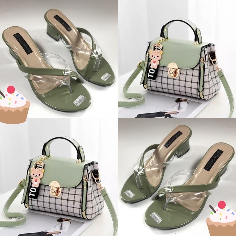 RANUWI Promo  Satu Set Tas Square Fashion Wanita & Sandal Hak Tinggi 5cm