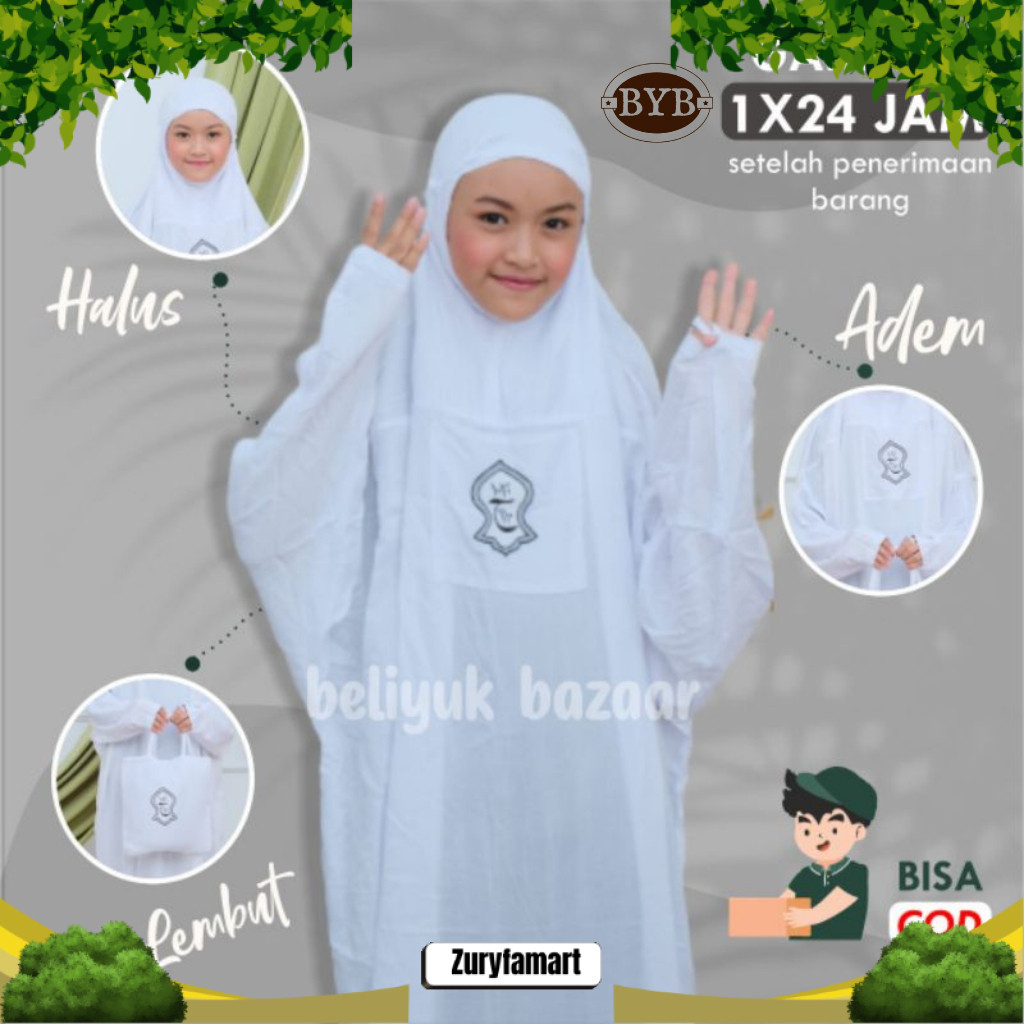 Mukena Anak Remaja Hadramaut Terusan Bali Terompah Polosan Warna Mukenah  Jumbo Rayon 5 Warna Putih 