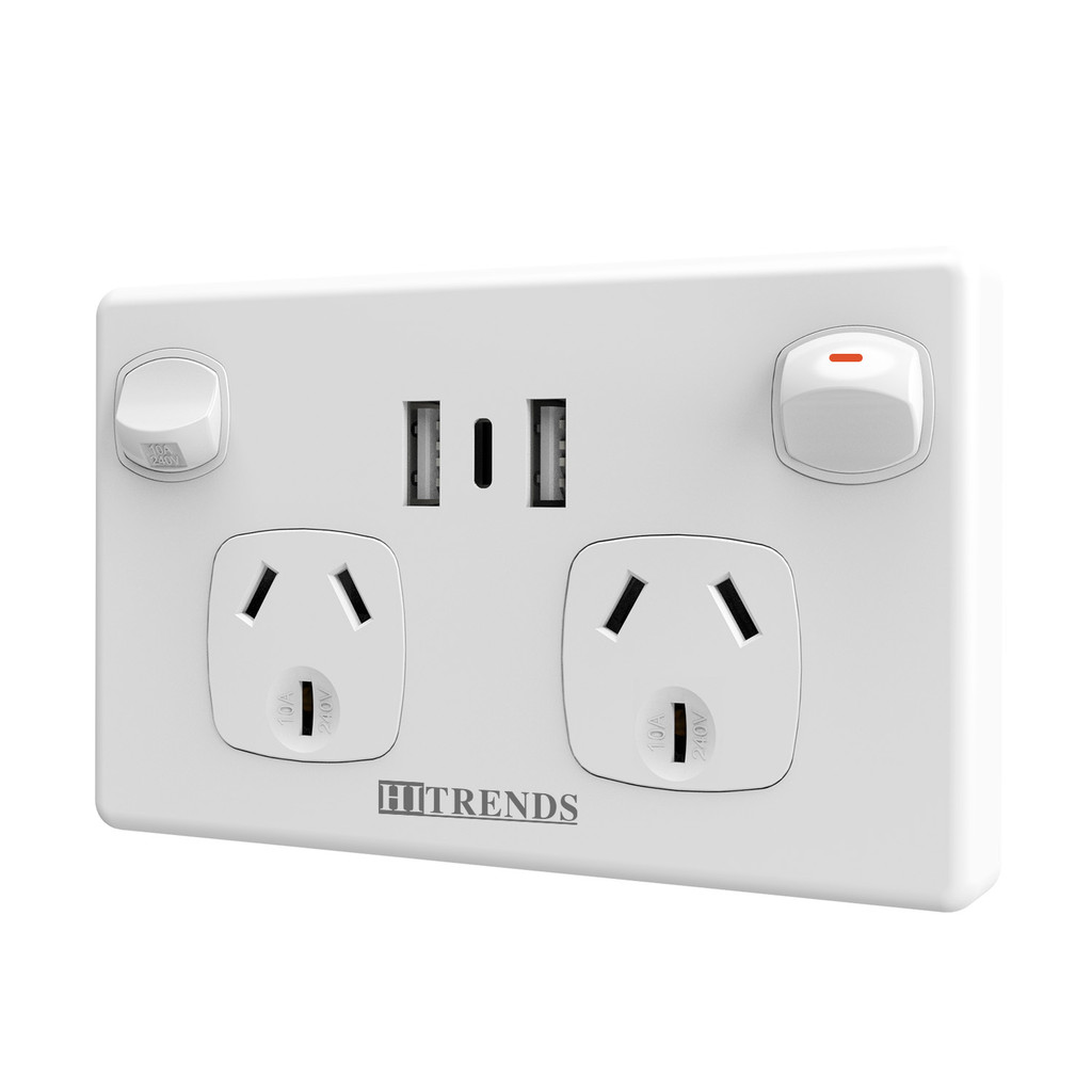 Australian Standard USB Wall Socket Dual Socket with 2 USB 1 Type-C and Swit, AU Plug Adapter Mobile