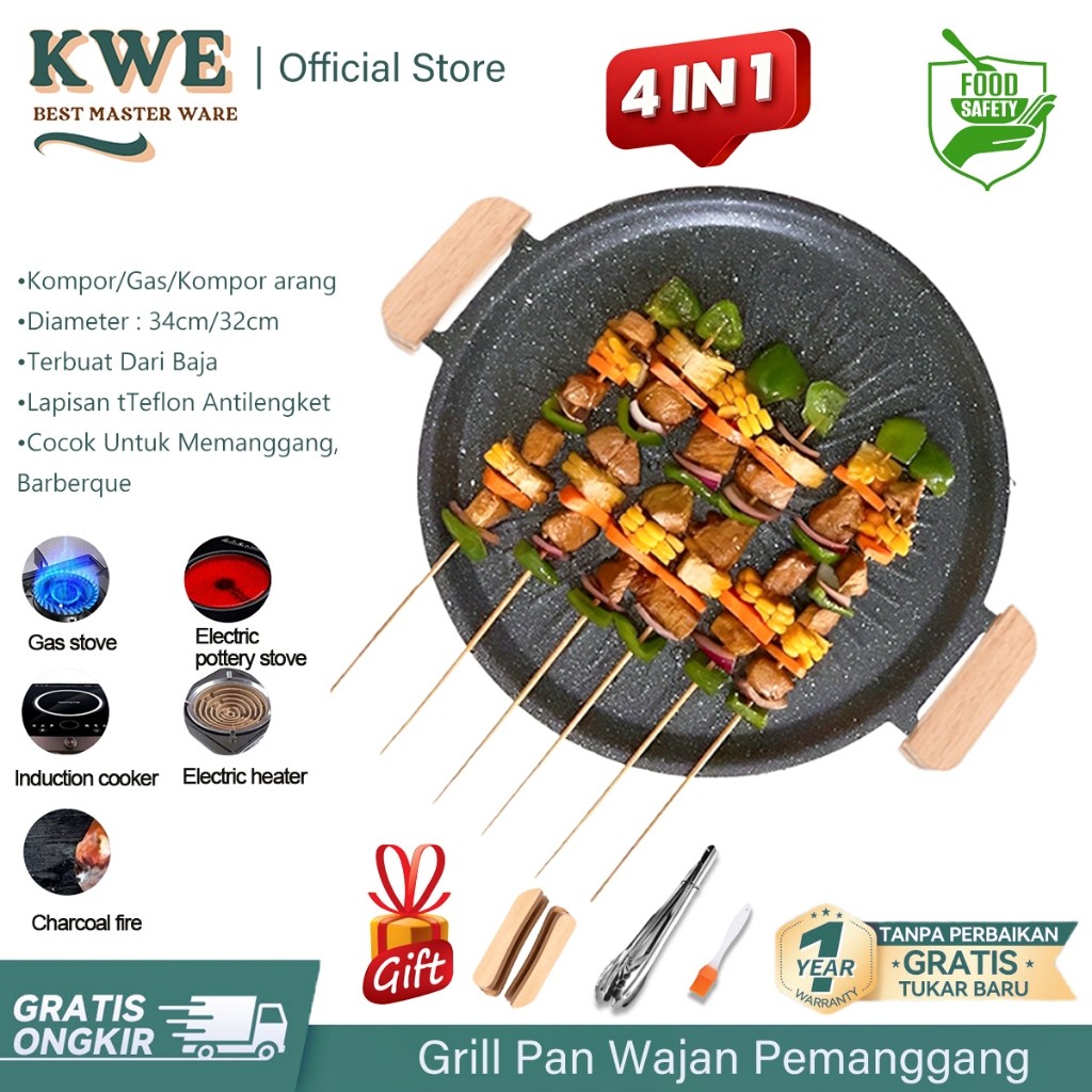 KWE Panci wajan pemanggang Korea 38cm Anti Lengket BBQ Grill Pan Alat Panggang Bisa untuk kompor por