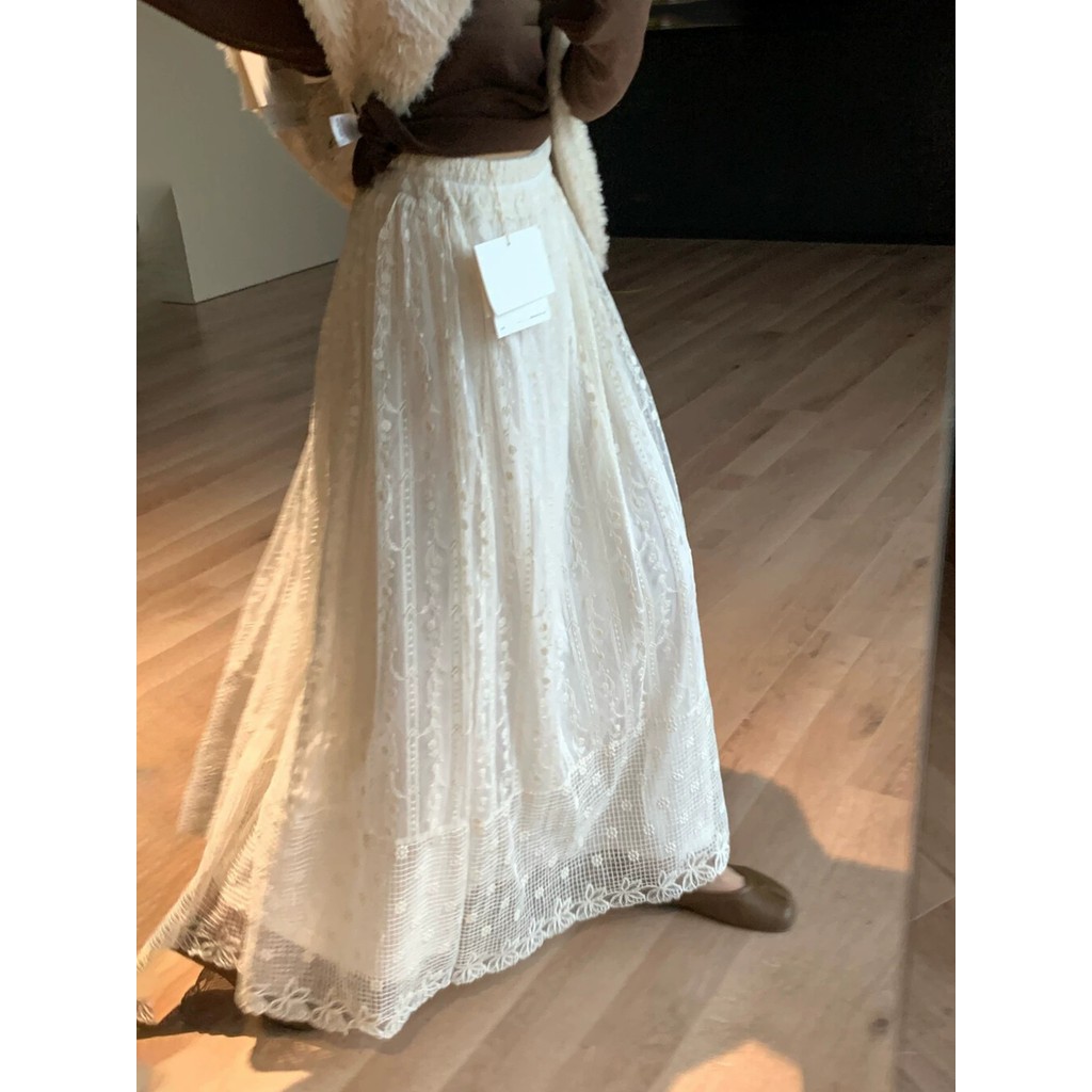 Verve Wardrobe Rok Midi Wanita Model A-Line Rok Payung Rok Panjang Peri Rok Tebal Berenda Prancis Ro