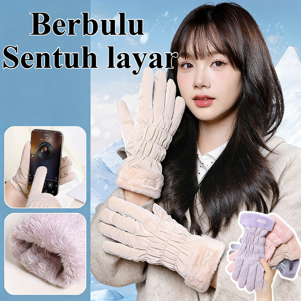 Sarung Tangan Sepeda Wanita Elegan Korea Style Sentuh Layar Sarung Tangan Anti Angin Berbulu Hangat