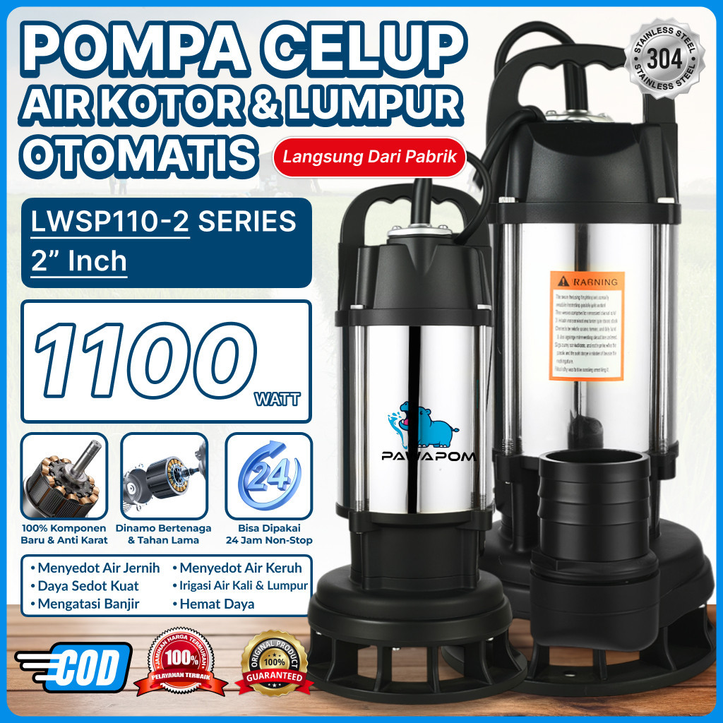 PAWAPOM Pompa Celup Air Kotor 1100W 2Inch – Pompa Lumpur & Pompa Banjir Kuat Debit Besar Stainless S
