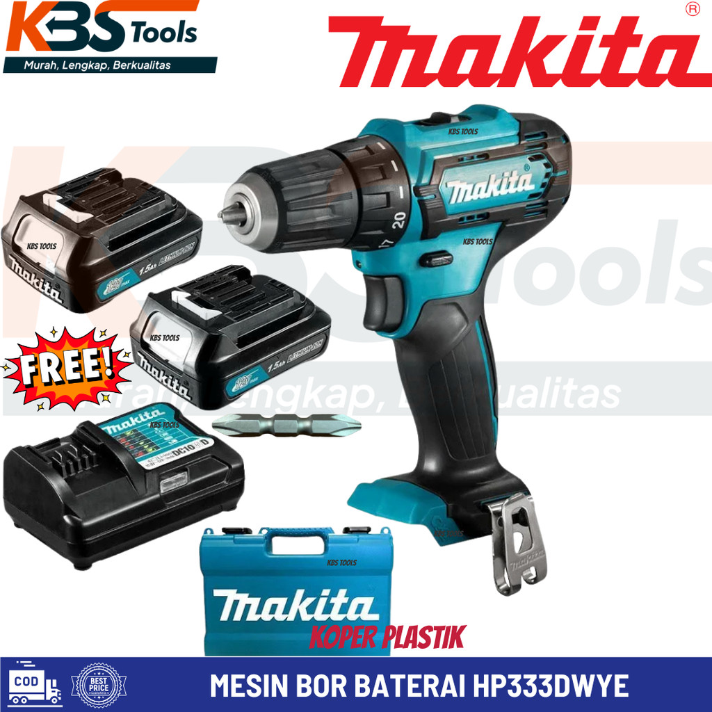 MAKITA Mesin Bor Baterai HP333DWYE Cordless Hammer Drill Bor Cas Bor Tangan Baterai Tanpa Kabel Bor 
