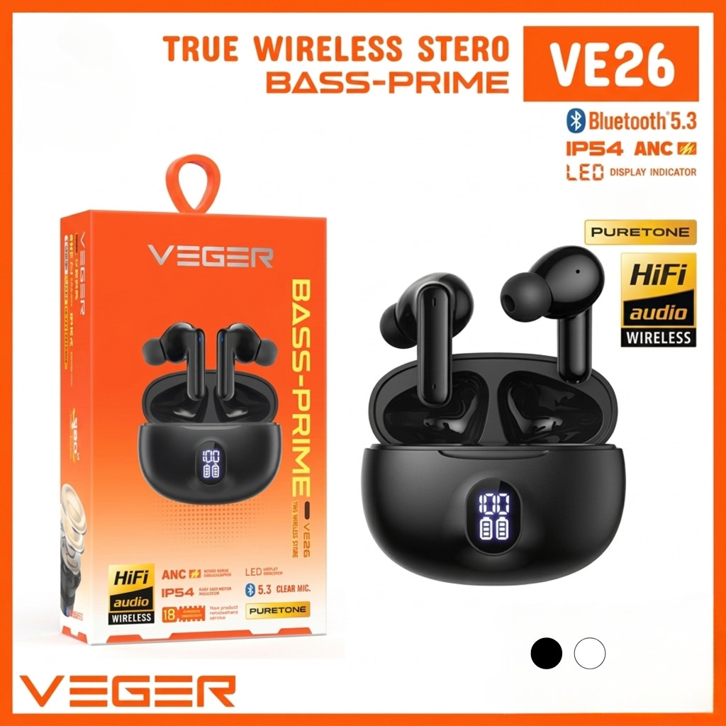 Veger VE26 TWS Earphone Bluetooth 5.3 ANC Noise Cancelling Bass Prime IP54