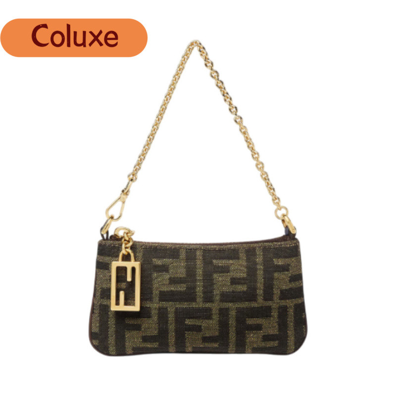 F E N D I Baguette Pouch Mini FF Jacquard Fabric Tobacco Brown