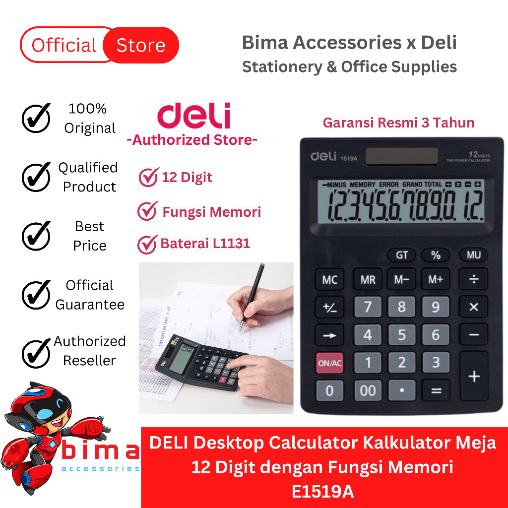 DELI Kalkulator Calculator 12 Digit Besar Kecil Layar Lengkap Fungsi Memori Baterai L1131 E1519A