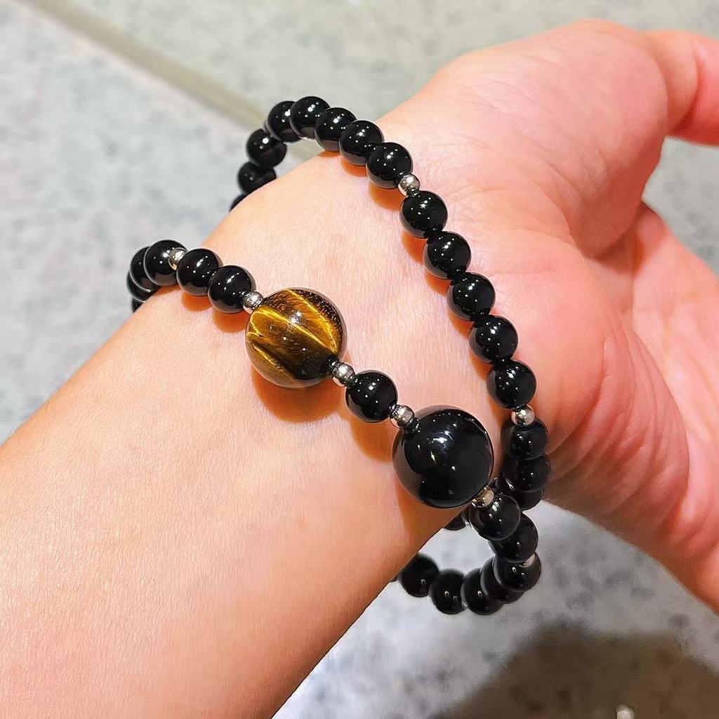 Gelang Multi-Strand Batu Akik Hitam dan Batu Mata Harimau untuk Wanita