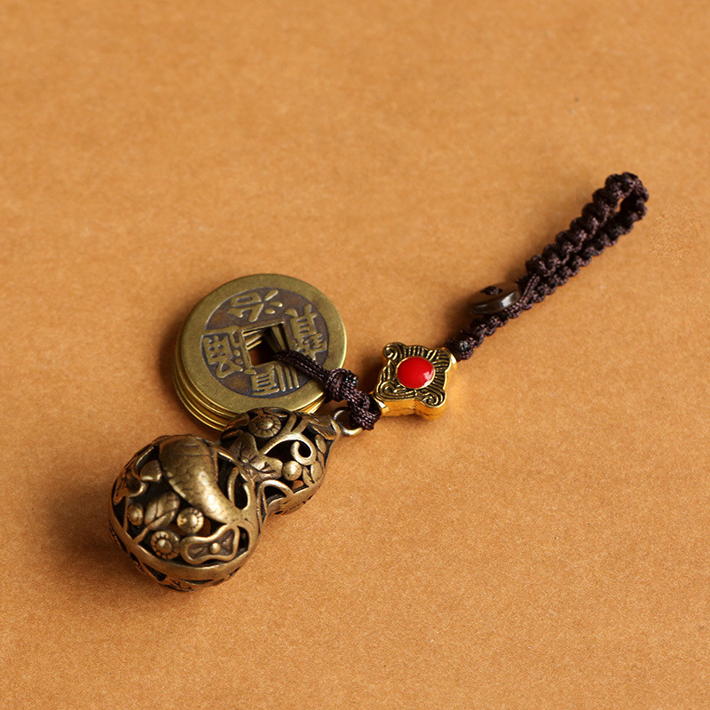 Liontin kecil kuningan, gantungan kunci labu, labu ikan berlubang, liontin tembaga uang lima kaisar