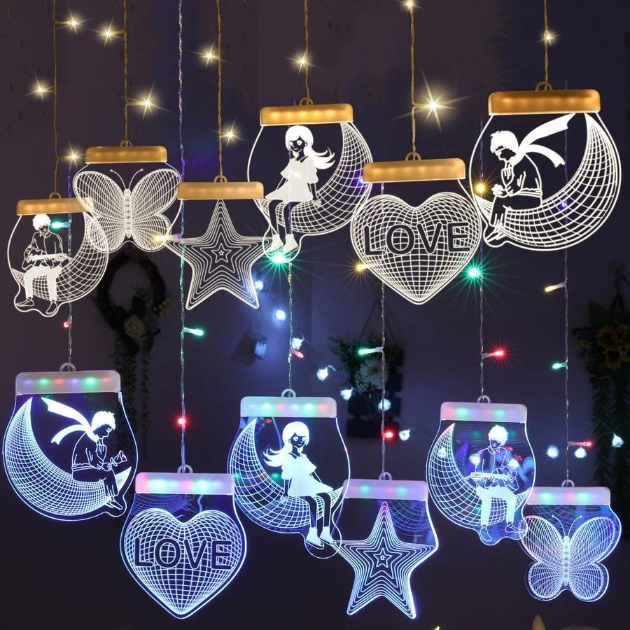 Lampu Tirai Panjang Bintang Bulan Hias untuk Kamar Tidur Dekorasi Natal Party kelap kelip