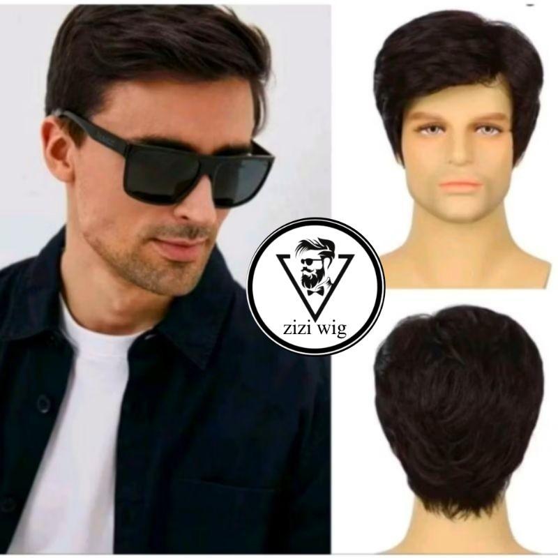 WIG PRIA KOREA STYLE RAMBUT PENDEK BELAH SAMPING WIG RAMBUT PALSU PRIA KEREN GAYA EROPA WIG MURAH RA