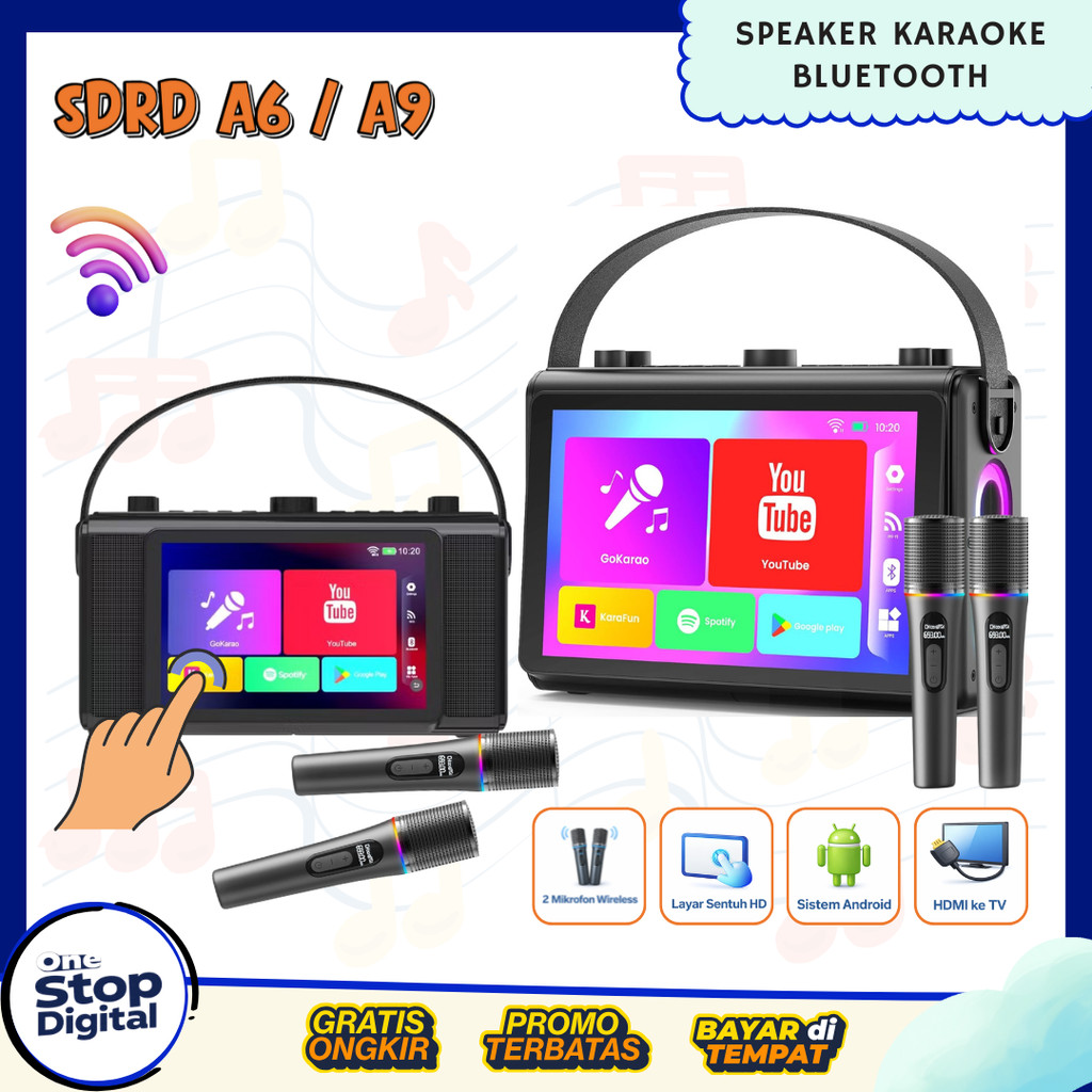 SDRD A9 / A6 Speaker Karaoke Android Touchreen 2 Mic Wireless, HDMI ke TV & Bass Optimal RGB LED