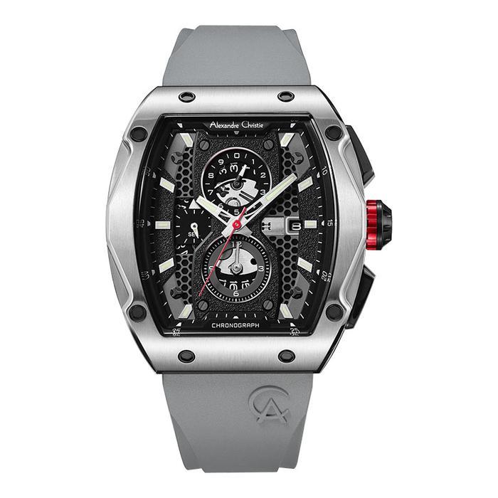 Jam Tangan Pria Alexandre Christie Chronograph AC 6608 MC RTBBAGR Men Black Dial Grey Rubber Strap