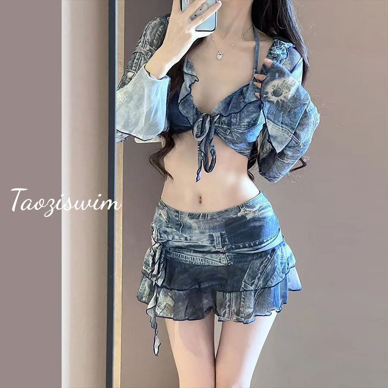 [Yunrouju]Baju renang bikini, lengan panjang, pas badan, gaya retro, cewek seksi, liburan pantai