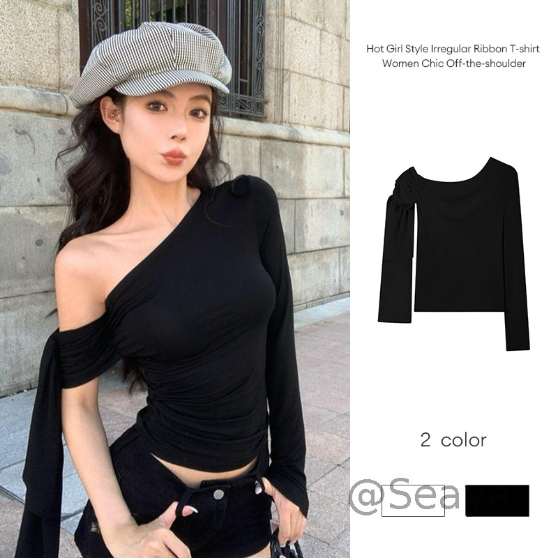 Hot Girl Style T-shirt Pita Tidak Beraturan Wanita Off-the-shoulder Chic Atasan Ketat